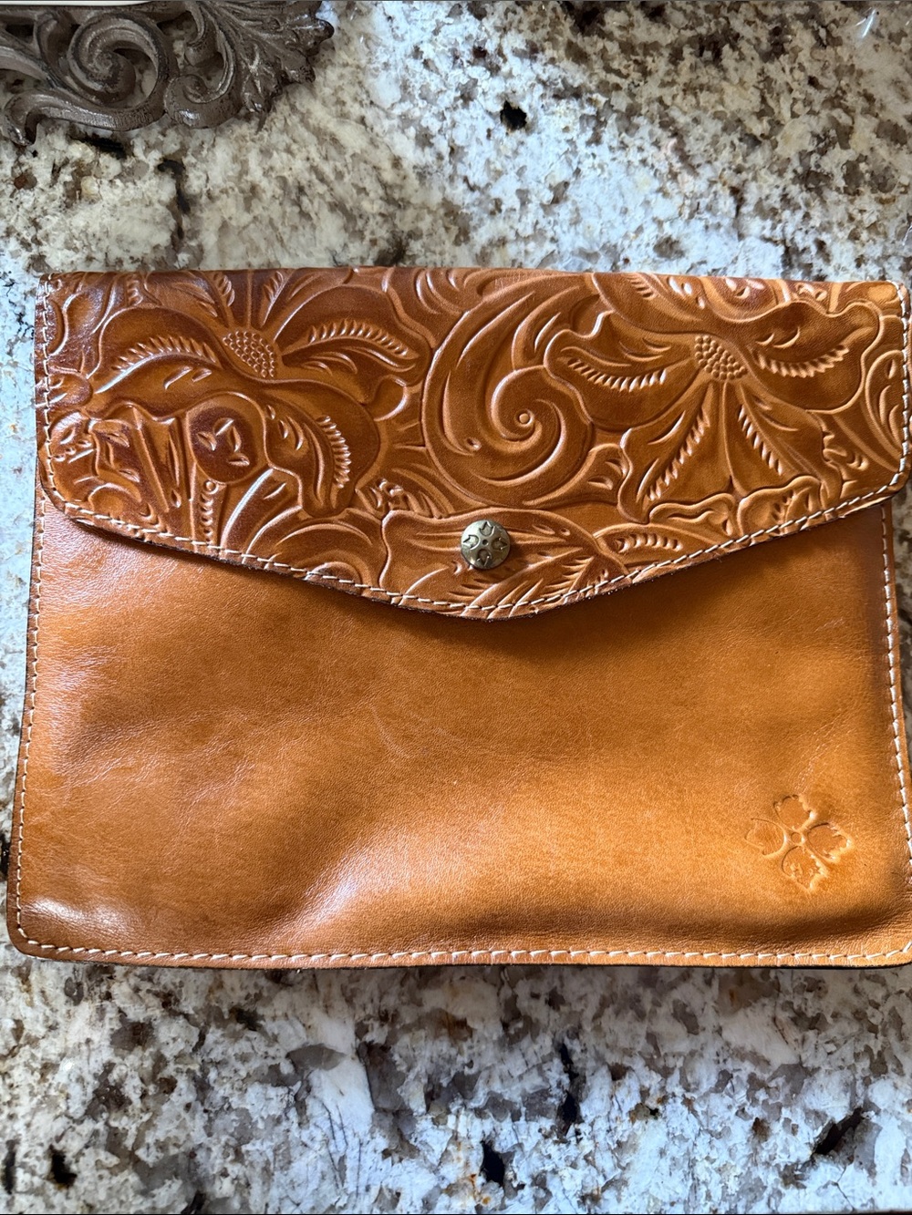 Patricia Nash Tooled Leather Envelope Clutch in Cognac Brown